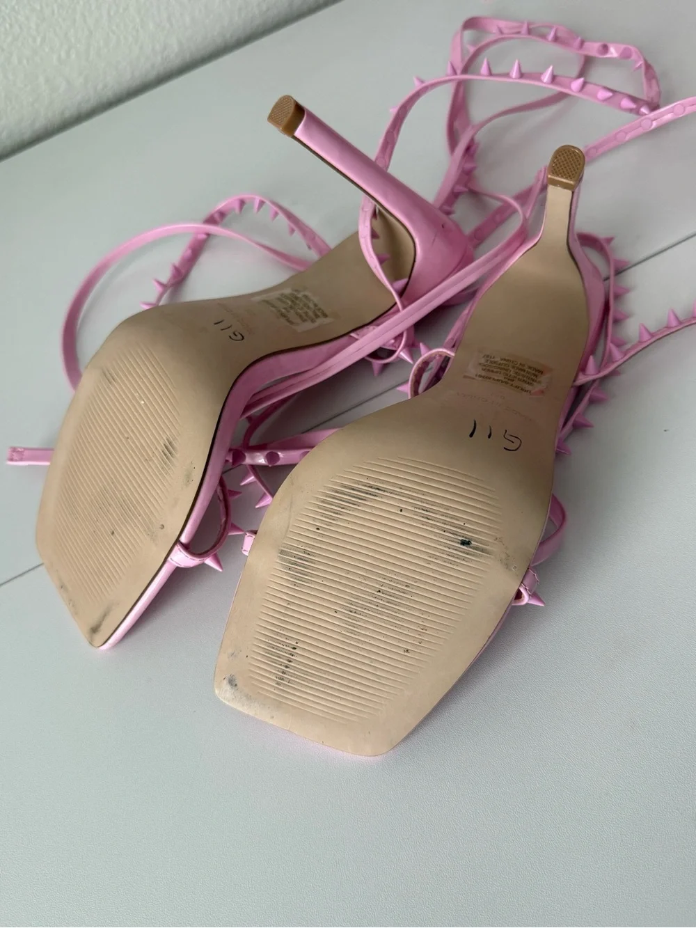 Steve Madden Uplift Pink Spiked Lace Up Stiletto Sandals Square Toe Heels 8M - Picture 4 of 4